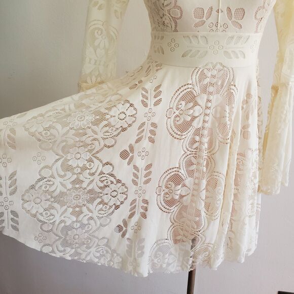 Free People Lovers Folk Song Lace Fit Flare Dress Ivory Bell Sleeve Boho Cottage - Picture 5 of 16